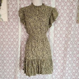 Cotton On Tan black Leopard Print high neck ruffle fit and flair dress med